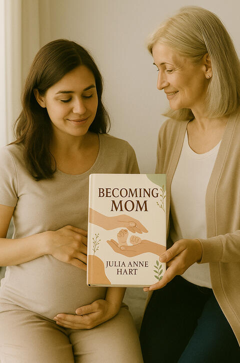 Your essential guide to navigating motherhood’s first three years with confidence and calm. “Mother giving a pregnant daughter the ‘Becoming a Mom’ e-book as a guide for motherhood.”